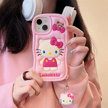 Kawaii Cartoon Hello Kitty With Pendant Soft Silicone Wave Phone Case For iPhone