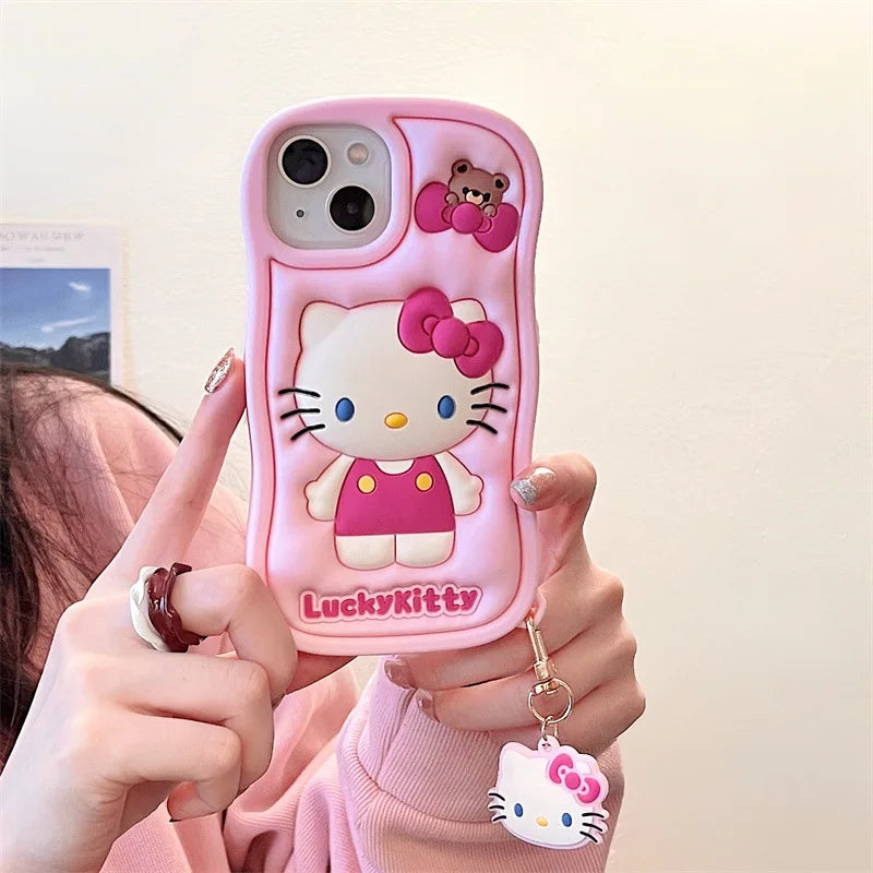 Kawaii Cartoon Hello Kitty With Pendant Soft Silicone Wave Phone Case For iPhone