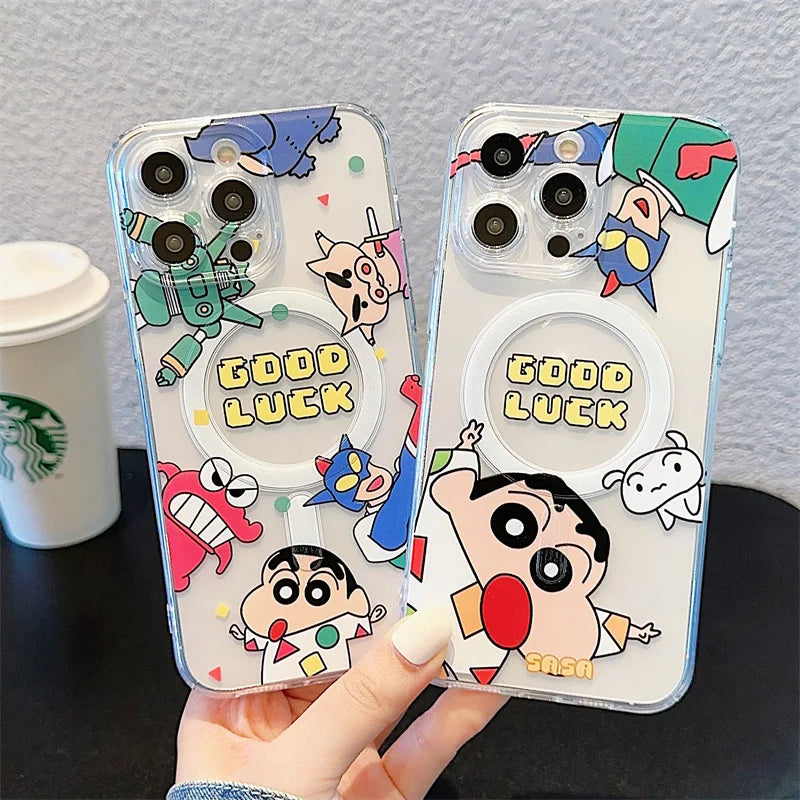 Cute Cartoon Crayons Shin-chan Holder Magnetic Couple Phone Case For iPhone