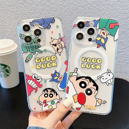 Cute Cartoon Crayons Shin-chan Holder Magnetic Couple Phone Case For iPhone