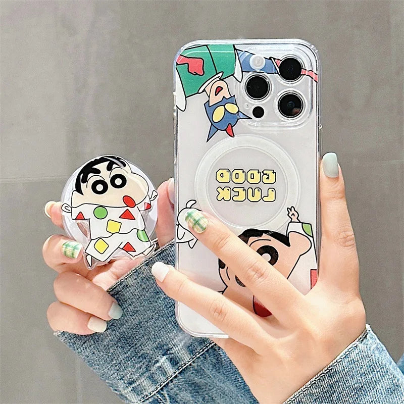 Cute Cartoon Crayons Shin-chan Holder Magnetic Couple Phone Case For iPhone