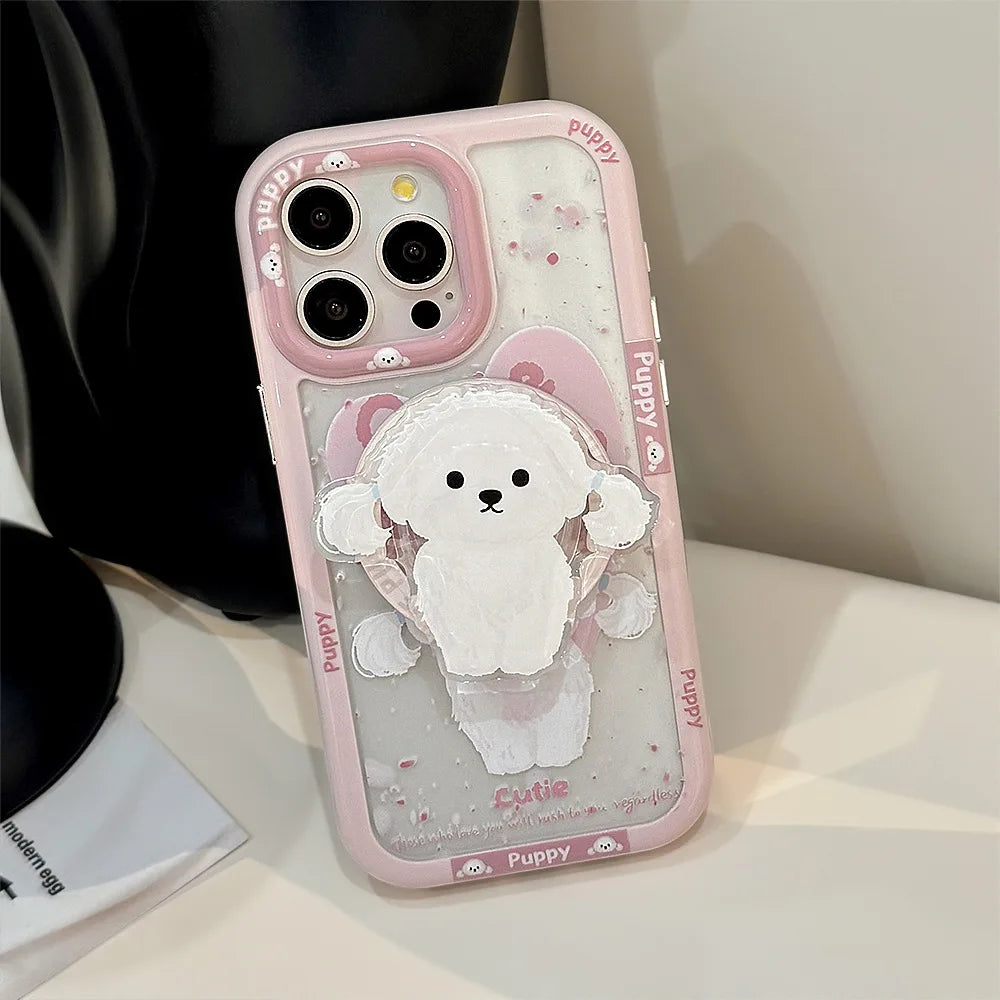 Cute Pink Puppy Magnetic Stand Holder Magsafe Wireless Charge Case For iPhone