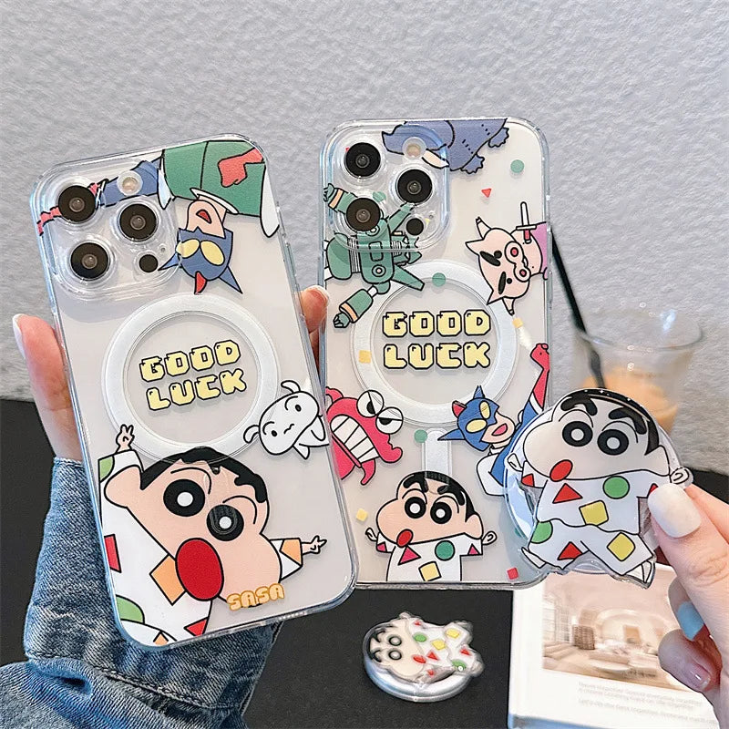 Cute Cartoon Crayons Shin-chan Holder Magnetic Couple Phone Case For iPhone
