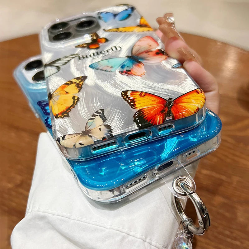 Luxury Letter Butterfly Silver Gradual feather sand Phone Case For iPhone
