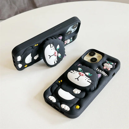 3D Cute Cartoon Cat Telescopic Bracket Soft Silicone Phone Case For iPhone