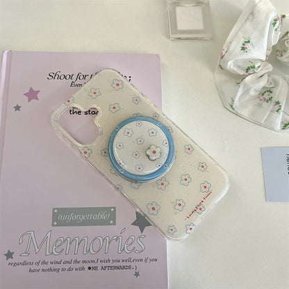 Blue Small Floral Flower Wallet With Holder Cover Phone Case