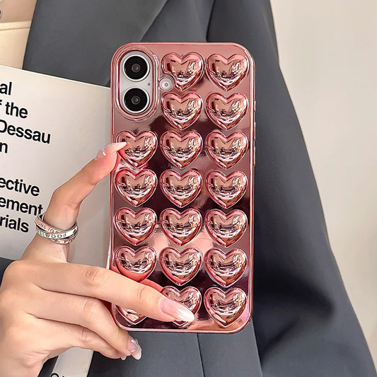 Plating Rose Gold 3D Love Heart Glossy Back Phone Case