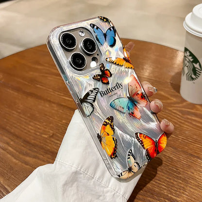 Luxury Letter Butterfly Silver Gradual feather sand Phone Case For iPhone