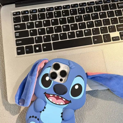 Cartoon Stitch Soft Silicone Fur Plush long Ears Strap Cover Phone Case