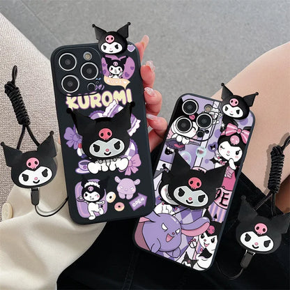 Kawaii 3D Cute Cartoon Kuromi Holder Rope Soft Phone Case For iPhone