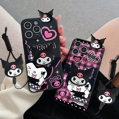 Cartoon Kuromi Head Case With Holder Rope Phone Case