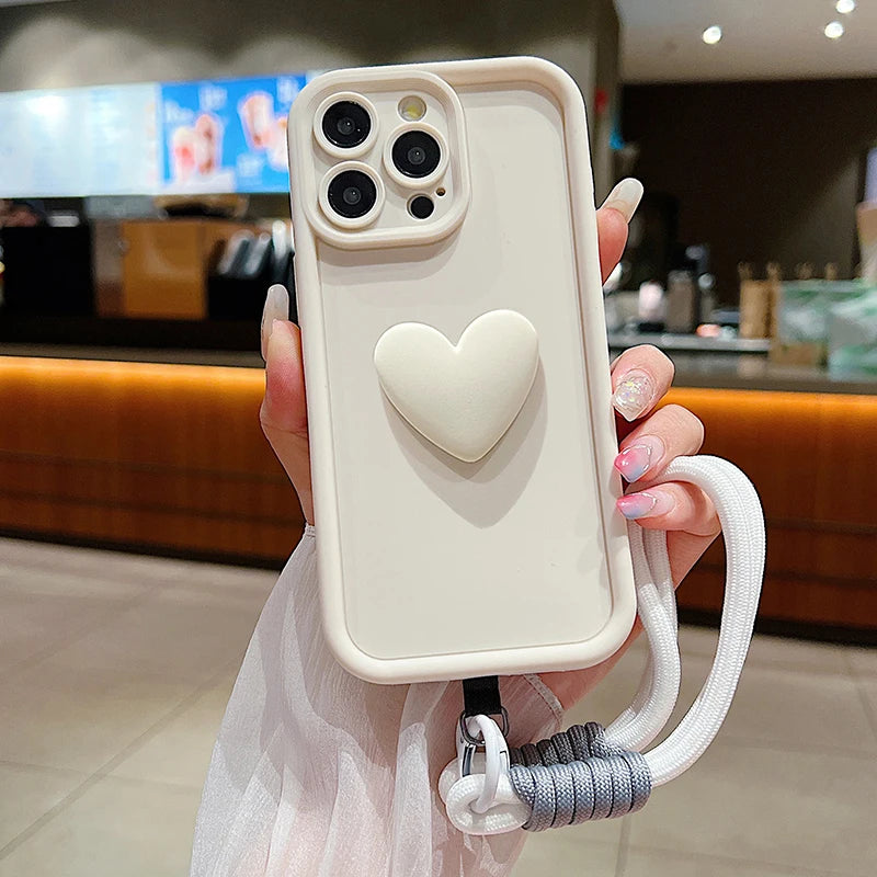 Luxury 3D Love Heart Matte Soft Lanyard Rope Phone Case For iPhone