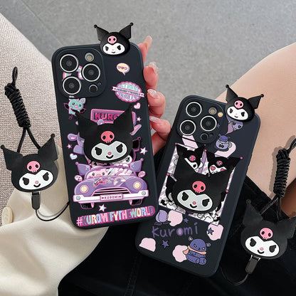 Cartoon Kuromi Head Case With Holder Rope Phone Case