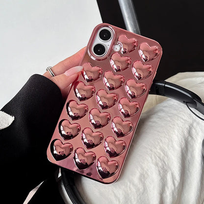 Plating Rose Gold 3D Love Heart Glossy Back Phone Case