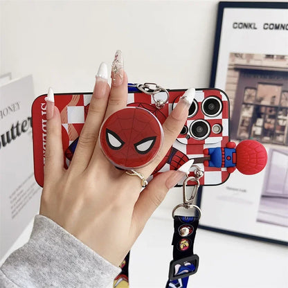 Cartoon 3D Spiderman Plaid Phone Case With Holder Lanyard For iPhone