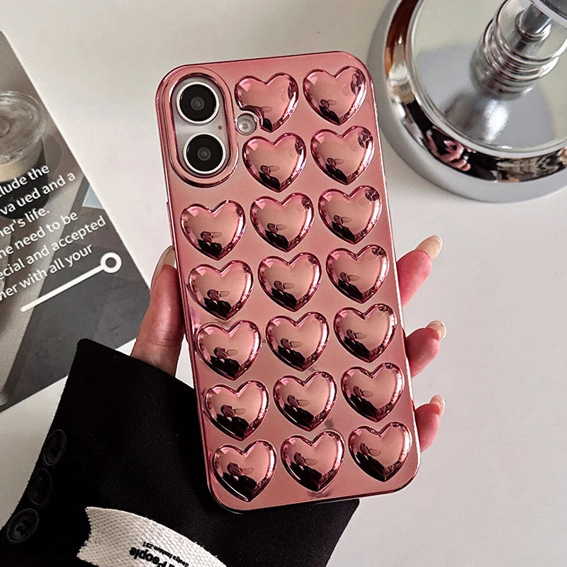 Plating Rose Gold 3D Love Heart Glossy Back Phone Case