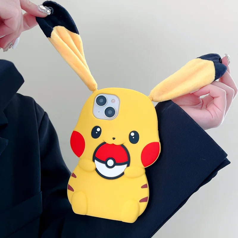 3D Plush Big Ears Kawaii Cartoon Pikachu Soft Silicone Phone Case For iPhone