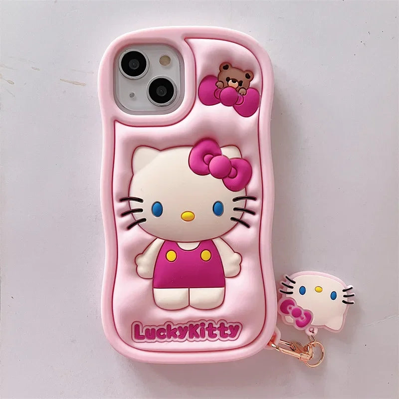 Kawaii Cartoon Hello Kitty With Pendant Soft Silicone Wave Phone Case For iPhone