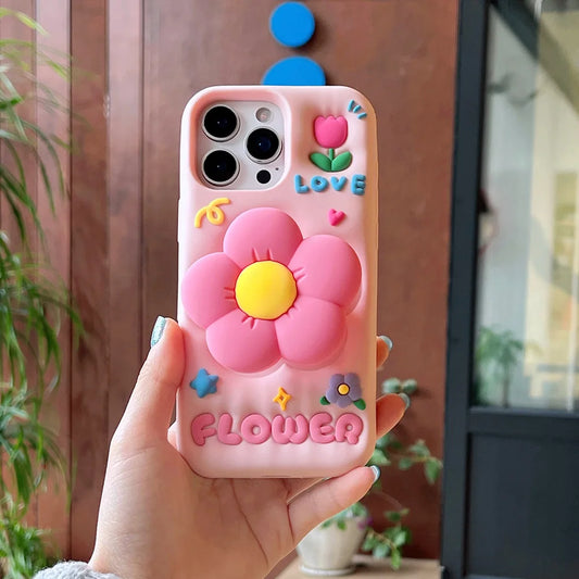 Cute 3D Floral Bracket Soft Silicone Case Flower Stand Holder Cover for iPhone
