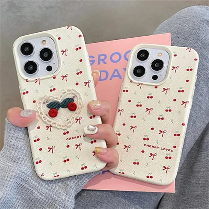 Cute 3D Embroidery Cherry Case Bowknot