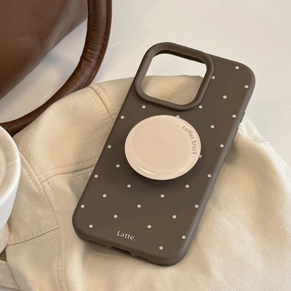 Korean Brown Full Screen Polka Dot With Round Bracket Soft Phone Case For iPhone