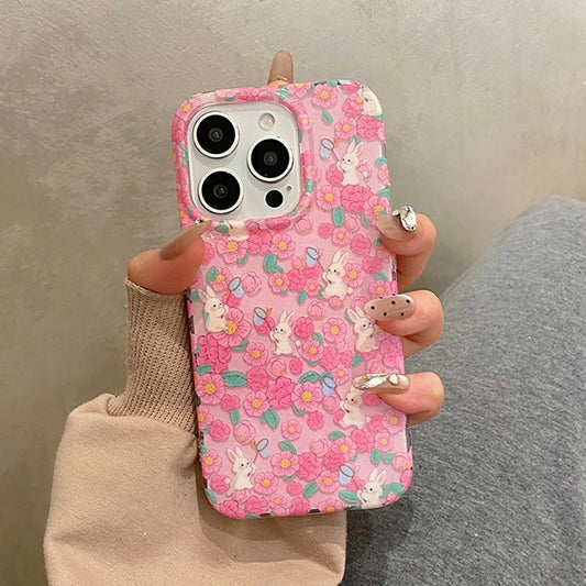 Stylish Colorful Flowers Cute Rabbit Glitter Phone Case