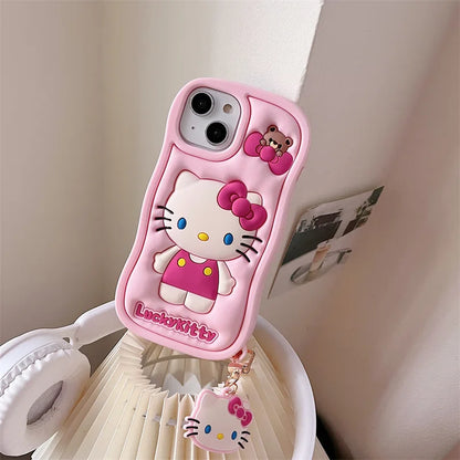 Kawaii Cartoon Hello Kitty With Pendant Soft Silicone Wave Phone Case For iPhone