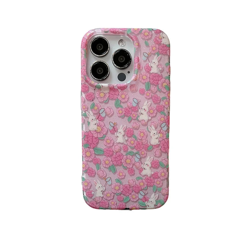 Stylish Colorful Flowers Cute Rabbit Glitter Phone Case