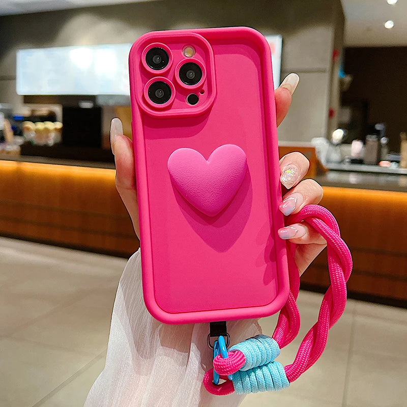 Luxury 3D Love Heart Matte Soft Lanyard Rope Phone Case For iPhone