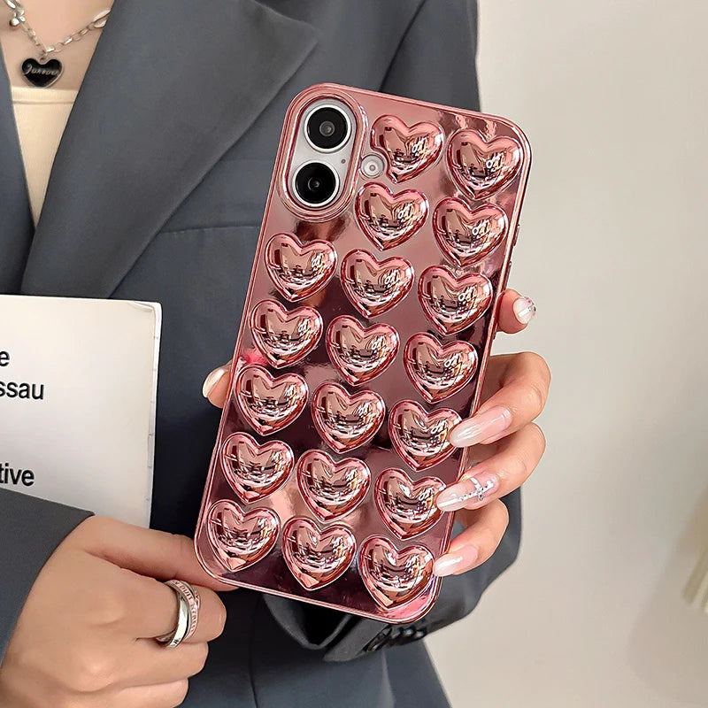 Plating Rose Gold 3D Love Heart Glossy Back Phone Case