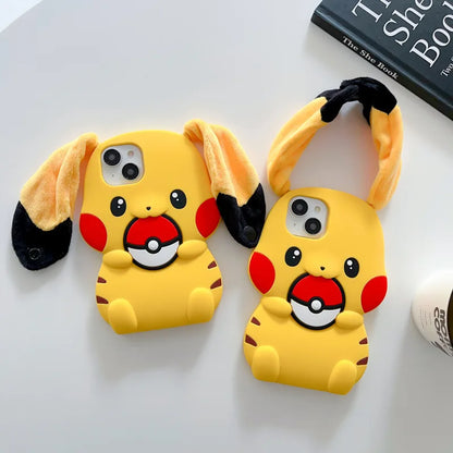 3D Plush Big Ears Kawaii Cartoon Pikachu Soft Silicone Phone Case For iPhone