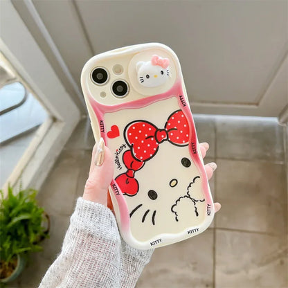 Kawaii Cartoon 3D Ears Hello Kitty Wavy Sliding Camera With Holder Phone Case For iPhone