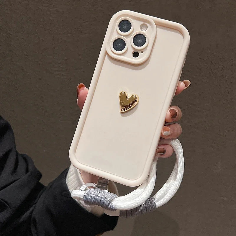 3D Gold Heart Soft Lanyard Rope Phone Case For iPhone