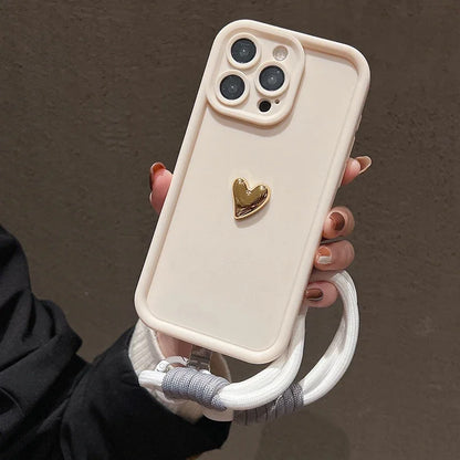 3D Gold Heart Soft Lanyard Rope Phone Case For iPhone