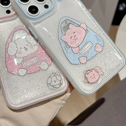 Cute Puppy Cartoon Pig Liquid Glitter Phone Case
