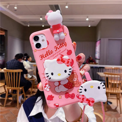 3D Cartoon My Melody Hello Kitty Holder Lanyard Phone Case For iPhone