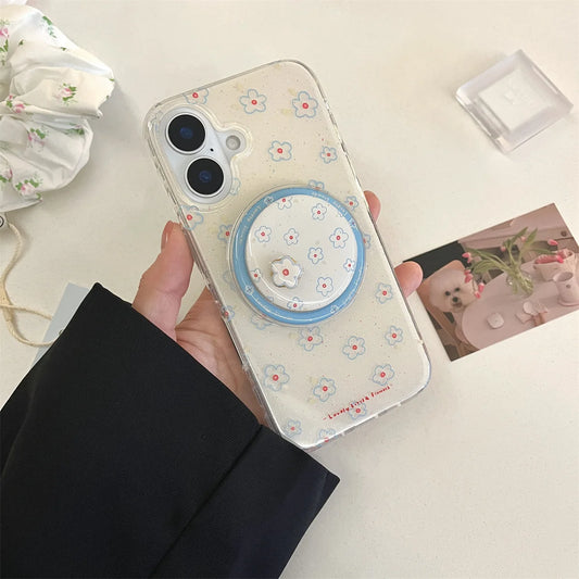 Blue Small Floral Flower Wallet With Holder Cover Phone Case