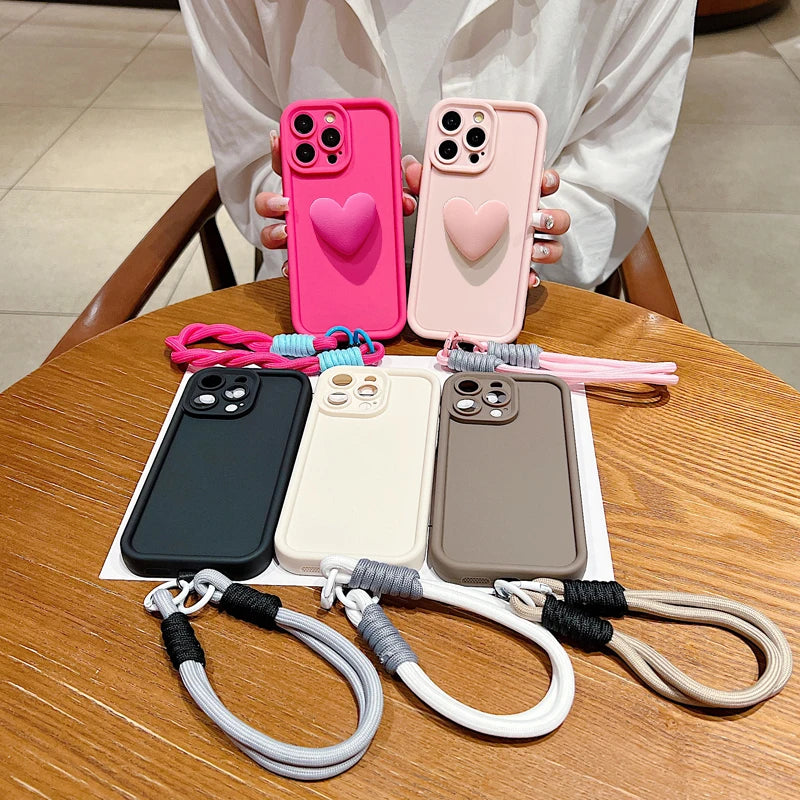 Luxury 3D Love Heart Matte Soft Lanyard Rope Phone Case For iPhone