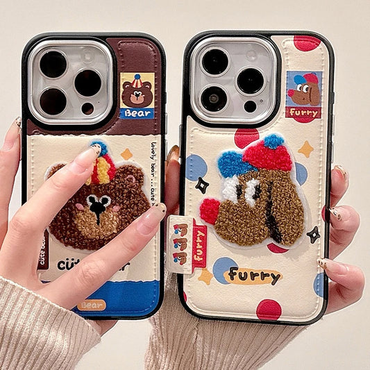 Cute Cartoon Embroidery Bear Dog Leather Phone Case