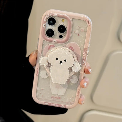 Cute Pink Puppy Magnetic Stand Holder Magsafe Wireless Charge Case For iPhone