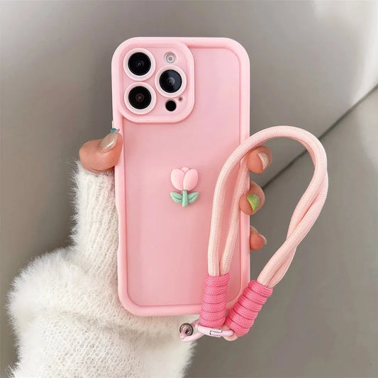 3D Cute Tulip Flower Lanyard Rope Phone Case For iPhone