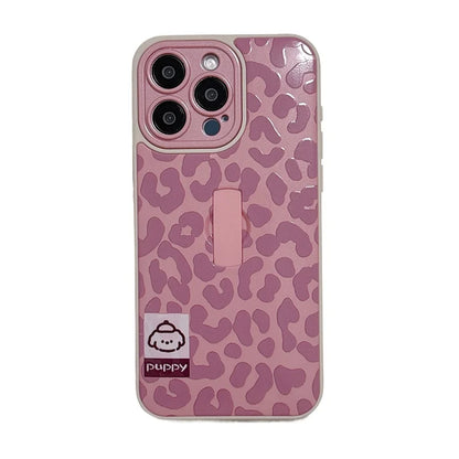 Cute Puppy Dog Stylish Leopard Print Ring Holder Stand Phone Case