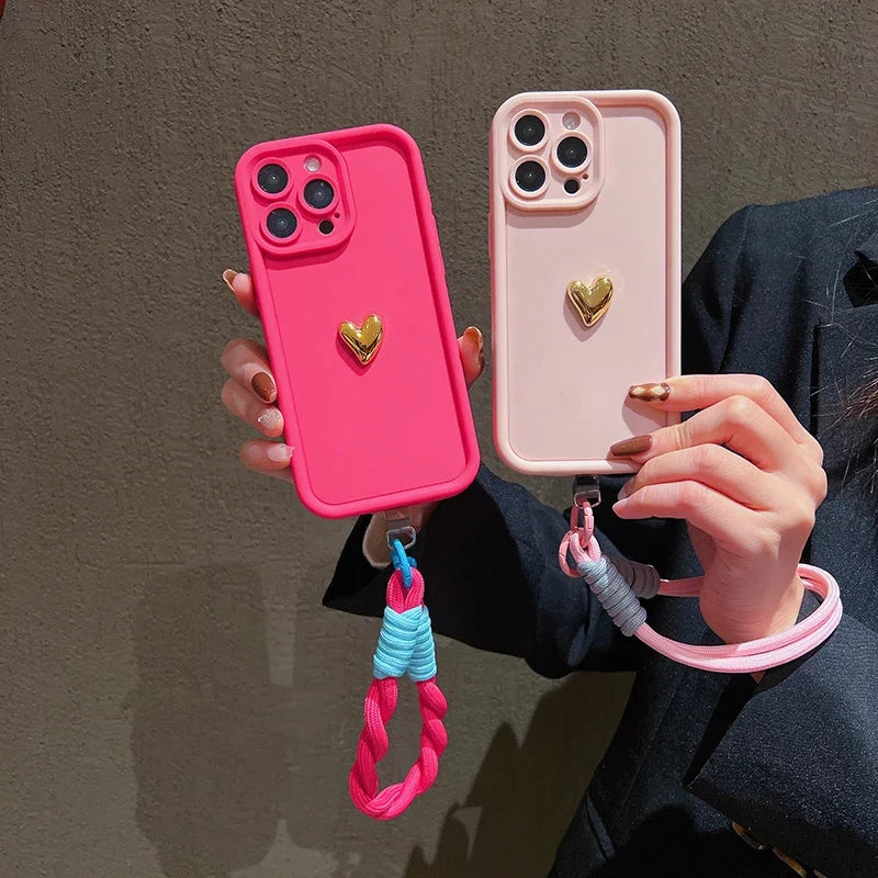 3D Gold Heart Soft Lanyard Rope Phone Case For iPhone