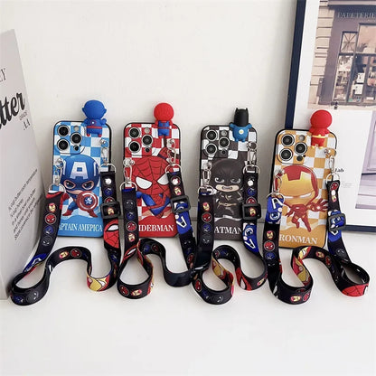 Cartoon 3D Spiderman Plaid Phone Case With Holder Lanyard For iPhone