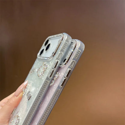 Luxury Glitter Rhinestone Camera Border 3D Hello Kitty Bowknot Shell Pattern Phone Case For iPhone