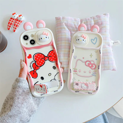 Kawaii Cartoon 3D Ears Hello Kitty Wavy Sliding Camera With Holder Phone Case For iPhone