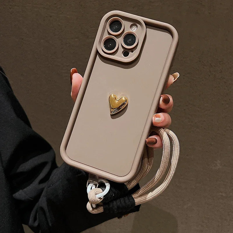 3D Gold Heart Soft Lanyard Rope Phone Case For iPhone