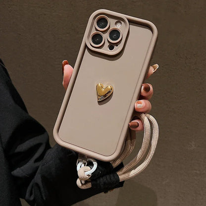 3D Gold Heart Soft Lanyard Rope Phone Case For iPhone