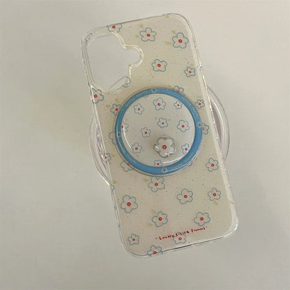 Blue Small Floral Flower Wallet With Holder Cover Phone Case