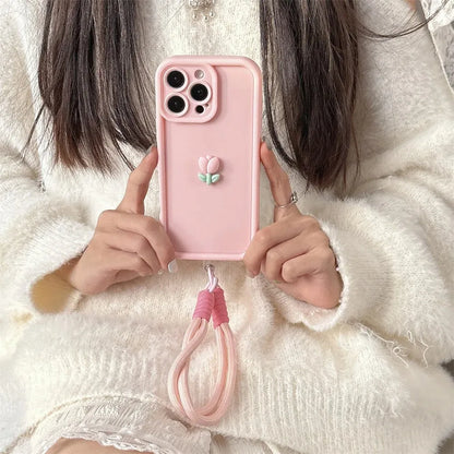 3D Cute Tulip Flower Lanyard Rope Phone Case For iPhone